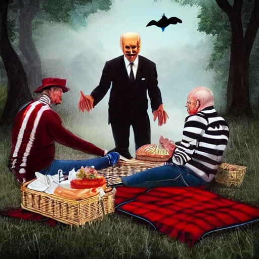 Prompt: freddy krueger, lich lenin and joe biden on a picnic, photo portrait, hyper realism, creepy, symmetry, awesome exposition, very detailed, highly accurate, professional lighting diffracted lightrays, 8 k, sense of awe