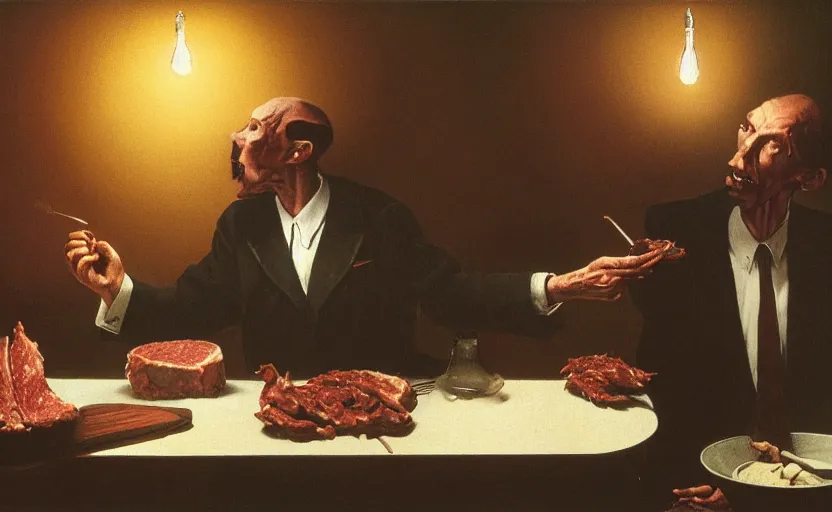 Image similar to a thin man wearing a suit screams at a bowl of meat on a table in a dark kitchen lit by a single bulb, painted by rick berry and norman rockwell and zdzislaw beksinski, highly detailed