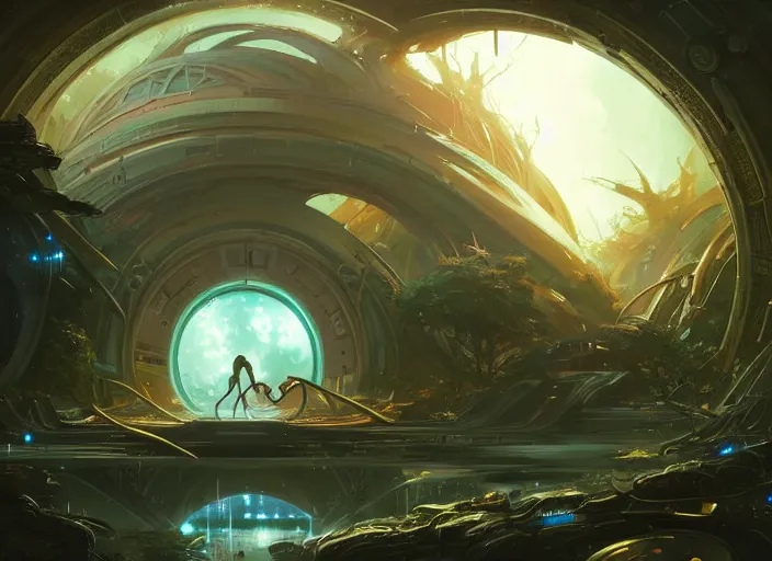 Prompt: a circular portal structure in the centre of an abandoned and overgrown alien city, beautiful curves, sci - fi, fantasy, golden ratio, epic lighting, amazing composition, messy brush strokes, very detailed, 4 k, in the style of peter mohrbacher