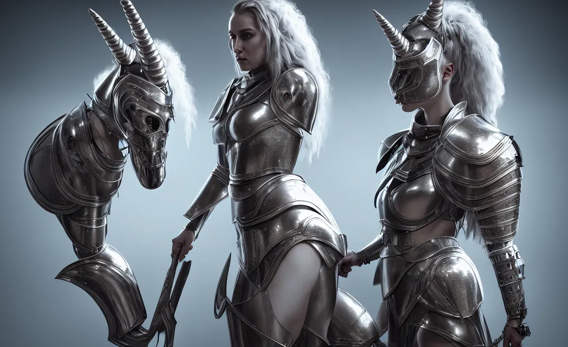 Image similar to epic portrait of female alien unicorn in plate armour by cleavanger and elvgren epic awesome symmetrical octane vfx maya render realistic