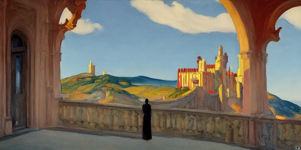 Prompt: street art. paralyzed by the indescribable beauty of the cosmos. amazing view of the palacio da pena. art style by edward hopper daring, incredible