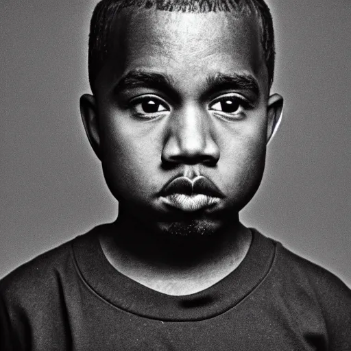 Image similar to the face of young kanye west wearing yeezy clothing at 8 years old, black and white portrait by julia cameron, chiaroscuro lighting, shallow depth of field, 8 0 mm, f 1. 8