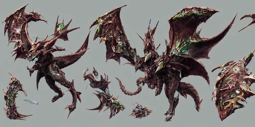 Image similar to Emerald four legged crystal bat, character design sheet, Monster Hunter Illustrations art book, big claws, sharp fangs, huge wings, long tail, iridescent scale patterns, cluster of crystals as spikes on its back, Moebius, Greg Rutkowski, Zabrocki, Karlkka, Jayison Devadas, Phuoc Quan, trending on Artstation, 8K, ultra wide angle, zenith view, pincushion lens effect.