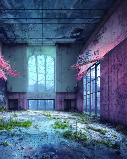 Image similar to a beautiful photorealistic illustration of city unfinished building abandoned establishment by odile decq, darkacademia infrared cyberpunk at dawn anime forest reclaimed by nature lake meadow myst retrowave flowers lightpaint hyperrealism nature thermal imaging, archdaily, wallpaper, highly detailed, trending on artstation.