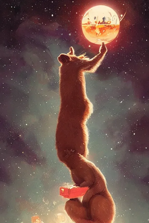 Prompt: giant pine marten in space holding a planet, digital art, trending on artstation, highly detailed, by Greg Rutkowski, by Conrad Roset, by Dan Mumford