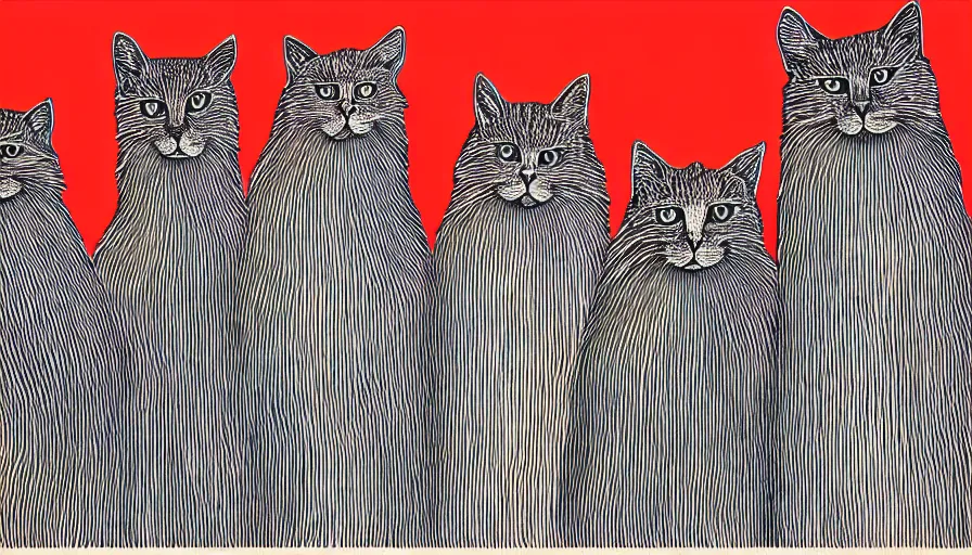 Image similar to artwork of really tall sitting cats by stanley donwood, thick brush, 4 k resolution