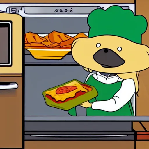 Image similar to cute platypus on a kitchen wearing a chef hat and holding a lasagna into an oven, anime style