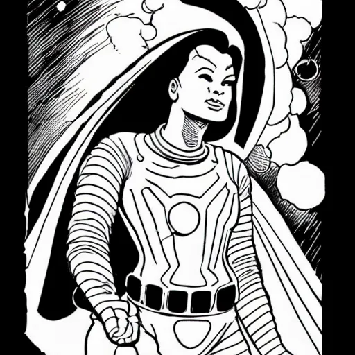 Prompt: clean simple line art with heavy black outlines of a woman floating in space wearing a space suit. no background. well composed, clean coloring book page, beautiful detailed face. coloring book line art by mike mignola and steve ditko