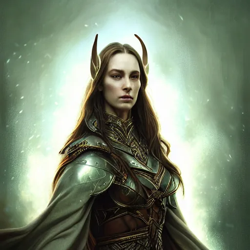 Prompt: Majestic and regal portrait of a riveting High Elf nobility, intricate, epic, elegant, menacing, fantasy, photo realistic, digital painting, hard focus, beautiful volumetric lighting, epic light, ultra detailed, by Leesha Hannigan, Ross Tran, Thierry Doizon, Kai Carpenter, Ignacio Fernández Ríos