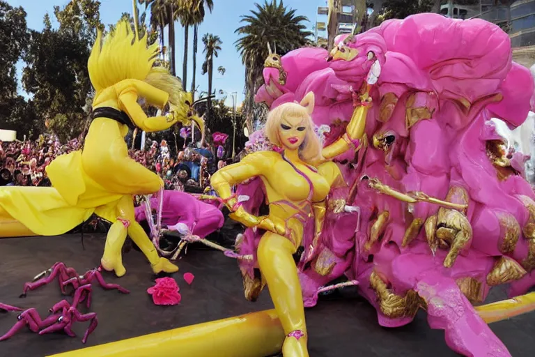 Image similar to Angelyne fights Scorpion from Mortal Kombat on a float at the Rose Parade, painted by mark ryden,