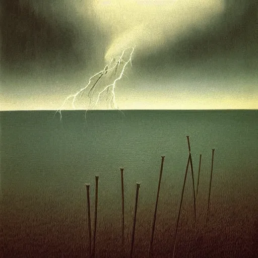 Prompt: thunderstorm at the lake made by zdzisław beksinski