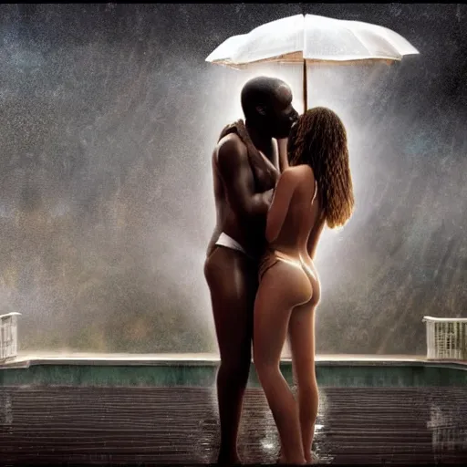 Image similar to african american man kissing and hugging a white blonde woman in the rain at a pool. digital painting, extremely detailed, 4 k, intricate, brush strokes, mark arian, artgerm, bastien lecouffe - deharme