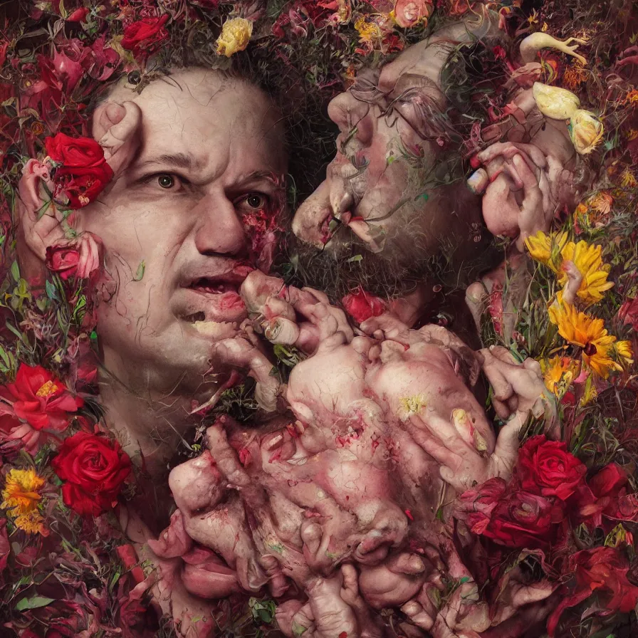 Image similar to male portrait of todd solondz eating babies and puking blood, surrounded by flowers by francis bacon, karol bak, james jean, tom bagshaw, rococo, trending on artstation, cinematic lighting, hyper realism, dramatic, emotional, octane render, 8 k, hyper detailed.