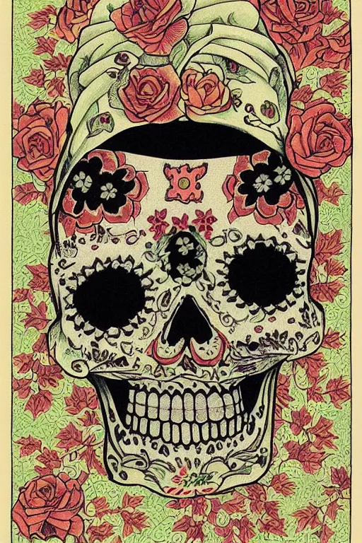 Image similar to Illustration of a sugar skull day of the dead girl, art by hasui kawase