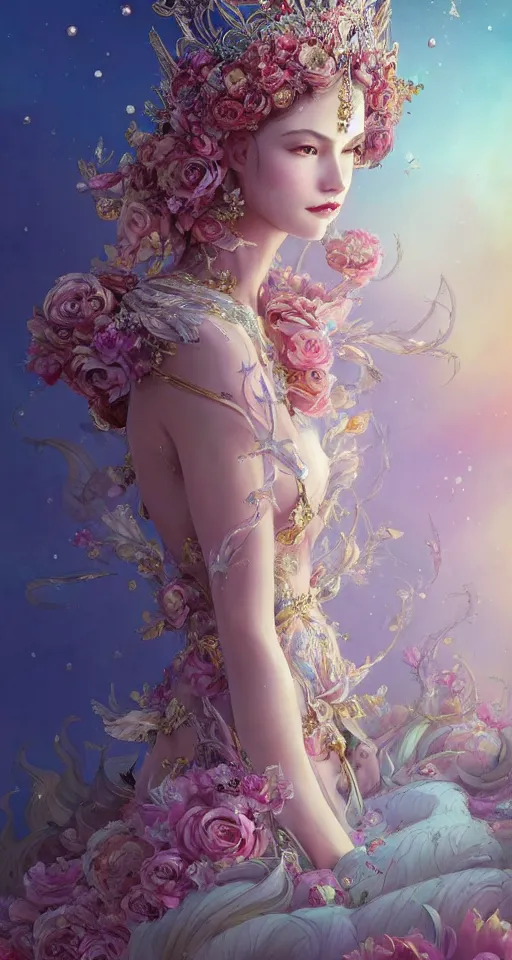 Image similar to A beautiful fantasy empress, highly detailed full body, breathtaking flower tiara, gorgeous aristocrat robe, beautiful figure, epic composition, ultra wide-shot, dynamic pose, concept art, beautifully lit, digital illustration, character design, ((sharp focus)), elegant, intricate, artstation, by WLOP and James Jean and Victo Ngai and Ryohei Hase