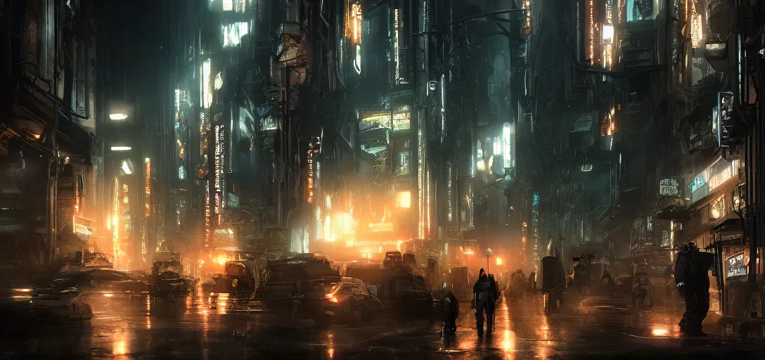 Prompt: science fiction cybertech city street scene, blade runner style, dramatic lighting, cinematic, establishing shot, extremly high detail, foto realistic, pirates of the carribean, cinematic lighting, post processed, concept art, artstation, matte painting, style by eddie mendoza, raphael lacoste, alex ross