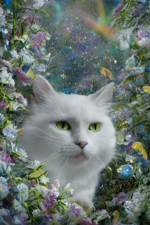 Image similar to elaborately detailed close up portrait of an extremely beautiful cat with very long white fur surrounded by flowers, an eerie mist and many ethereal rainbow bubbles, Art Noveau, Aetherpunk, atmospheric lightning, dreamscape maximized, high fantasy professionally painted digital art painting, smooth, sharp focus, highly detailed illustration highlights, backlight, golden ratio, 8K detail post-processing, symmetrical features, rich deep moody colors, dark epic fantasy, award winning picture, featured on DeviantArt, trending on cgsociety