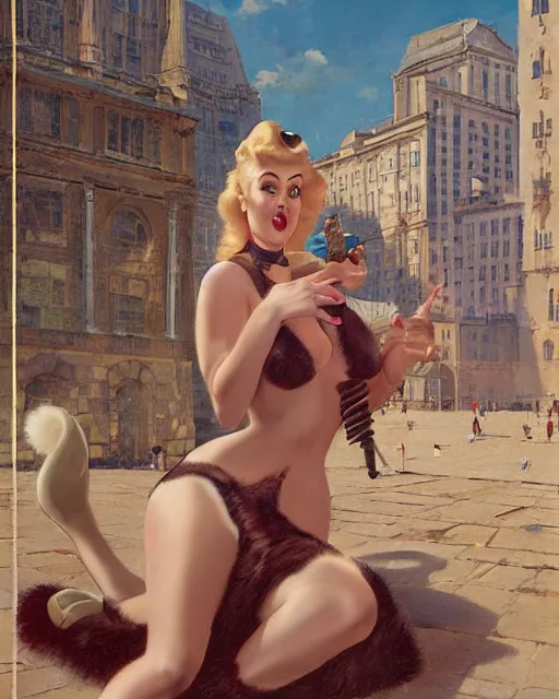 Image similar to pinup photo of cute fluffy caracal in the crowded square of the city, by greg rutkowski, gil elvgren, enoch bolles, kezie demessance, glossy skin, pearlescent, very coherent, very detailed