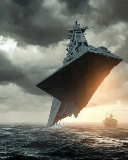 Prompt: scifi action scene of a fishing boat on stormy seas, a very large star destroyer spaceship flying overhead, the very large star destroyer spaceship is emerging from storm clouds, sunset lighting, stormy weather, dramatic lighting, unreal engine, hyper realism, realistic shading, cinematic composition, realistic render, octane render, detailed textures, photorealistic, ultrawide shot, 1 6 mm lens