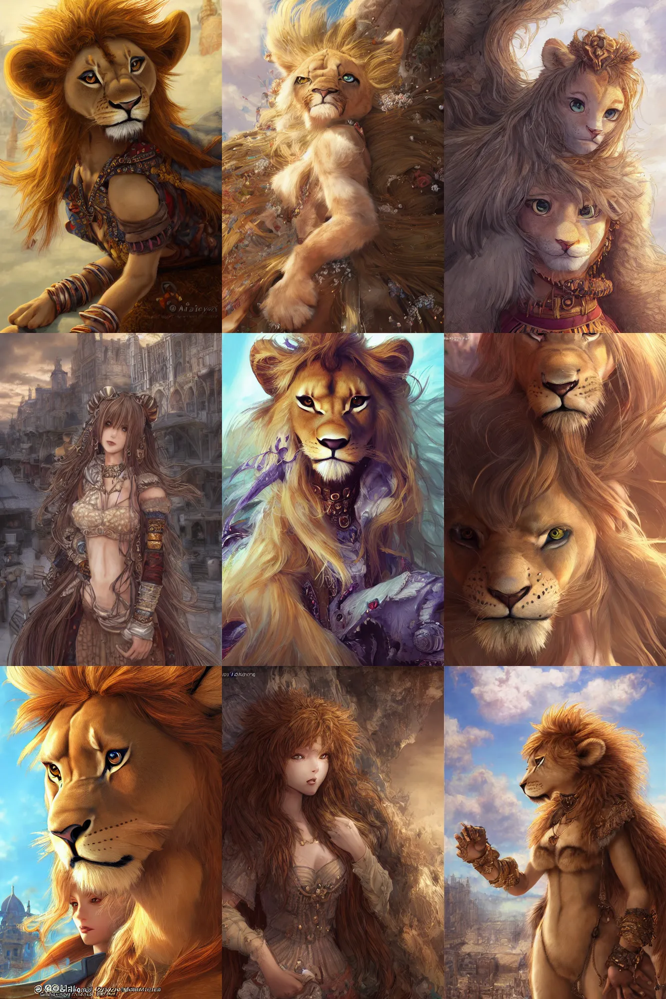 Prompt: furry art, character portrait of the anthro woman lioness princess with gorgeous detailed eyes in the marketplace in the sky, color page, tankoban, 4 k, tone mapping, doll, akihiko yoshida, james jean andrei riabovitchev marc simonetti, yoshitaka amano, long hair, curly, h. hydrochaeris