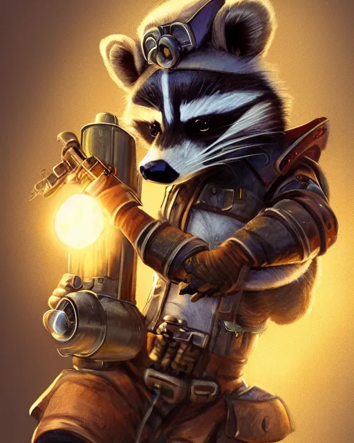 Image similar to Raccoon, Anthropomorphized, holding rocket launcher, Golden Steampunk city atmosphere, magic the gathering artwork, D&D, fantasy, cinematic lighting, centered, symmetrical, highly detailed, digital painting, artstation, concept art, smooth, sharp focus, illustration, volumetric lighting, epic Composition, 8k, art by Akihiko Yoshida and Greg Rutkowski and Craig Mullins, heroic pose, oil painting, cgsociety,