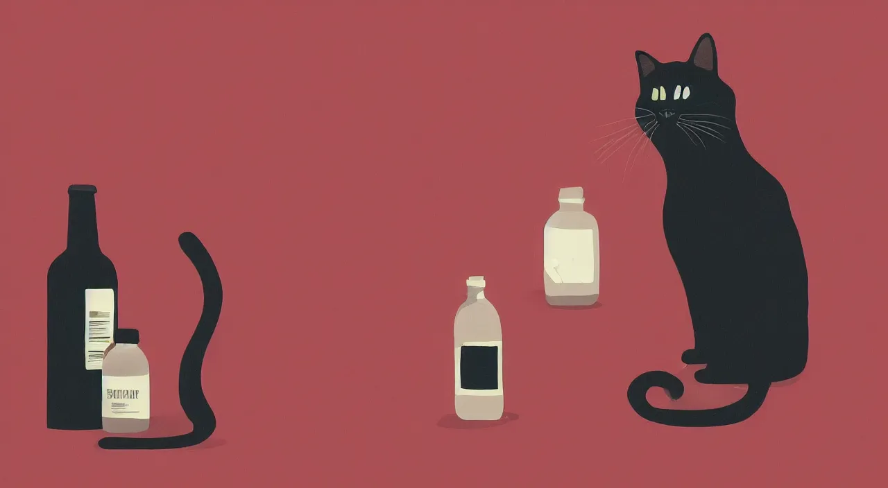 Prompt: a cat standing next to a bottle of medicine. black cat. animal. digital art. artstation. illustration. background color is red.
