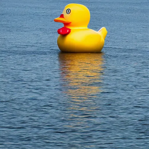 Image similar to a giant rubber ducky floating through new york harbor