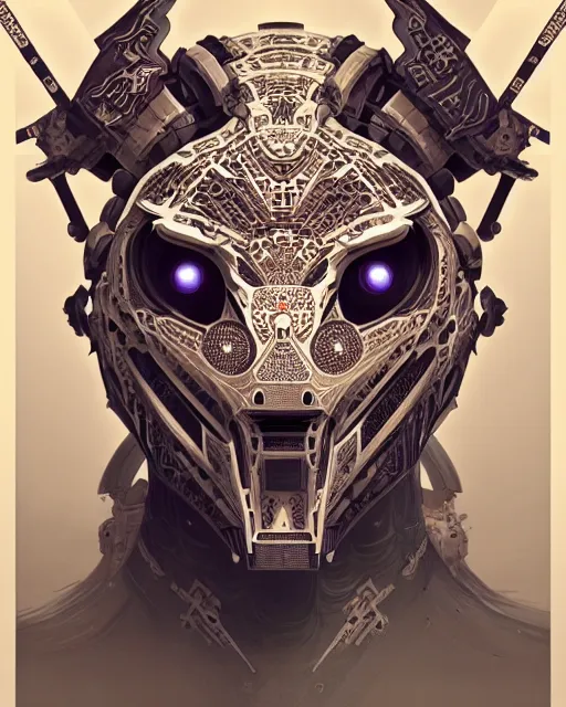 Image similar to symmetry!! portrait of a machine from horizon zero dawn, machine face, decorated with chinese opera motifs, intricate, elegant, highly detailed, digital painting, artstation, concept art, smooth, sharp focus, illustration, art by artgerm and greg rutkowski and alphonse mucha, 8 k