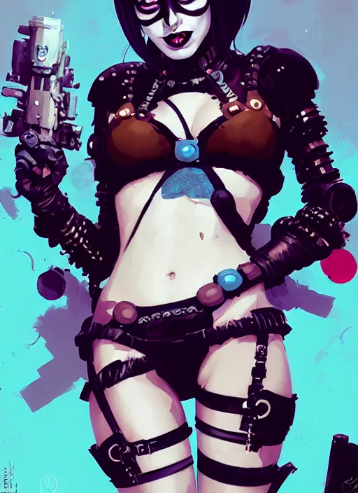 Image similar to portrait of cute goth harley quinn in cyber bikini armor, warhammer, cyberpunk, by atey ghailan, by greg rutkowski, by greg tocchini, by james gilleard, by joe fenton, by kaethe butcher, by gustav klimt, dynamic lighting, gradient light blue, brown, blonde cream and white color in scheme, grunge aesthetic
