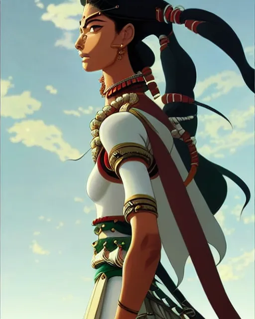 Image similar to indian warrior, doutzen kroes, detailed perfect face, exquisite details, septum piercing!!!!, wind magic, mid view, design on a white background, by studio muti, greg rutkowski makoto shinkai takashi takeuchi studio ghibli