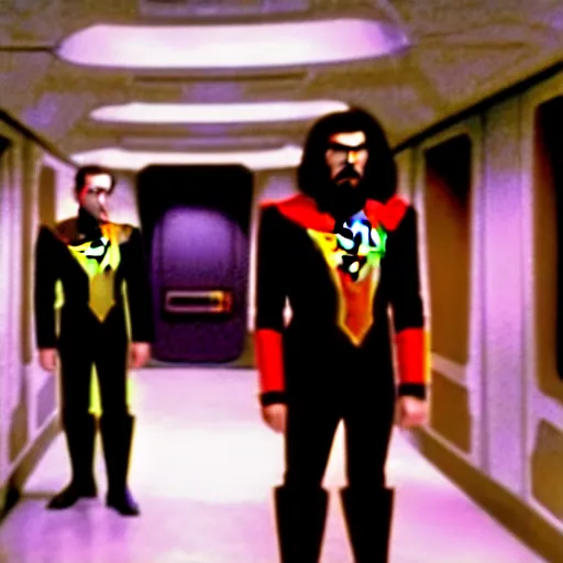 Image similar to a Klingon standing in a Star Trek Federation hallway