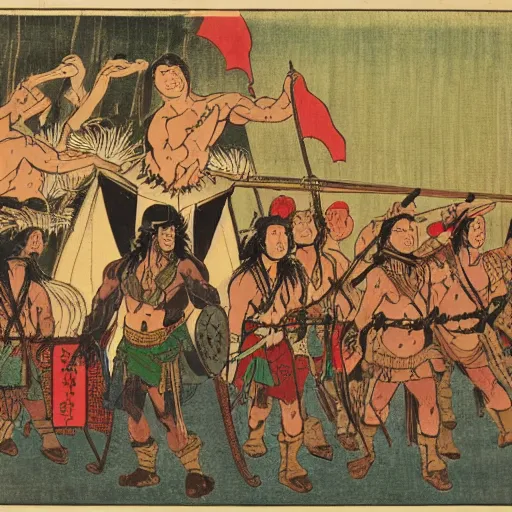 Prompt: late meiji period, colored woodblock print, conan the barbarian