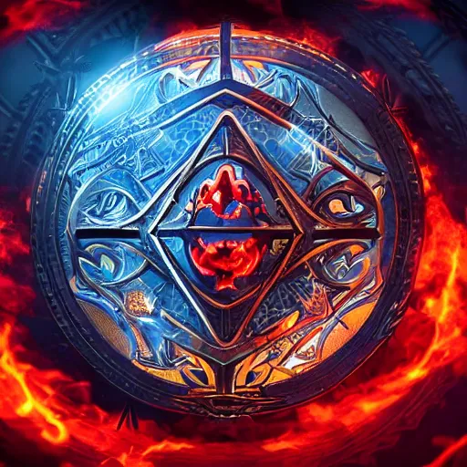 Image similar to full shot of a symmetrical game sigil of scary medieval weapons crossed, red powerful fantasy epic legends, game icon stylized, digital illustration radiating, a glowing aura, global illumination, ray tracing, 8 k high definition, intricate details, octane render, unreal engine, trending on arstation