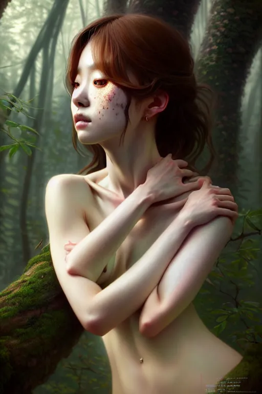 Image similar to beautiful digital painting of a hoyeon jung stylish female forest with high detail, real life skin, freckles, 8 k, stunning detail, works by artgerm, greg rutkowski and alphonse mucha, unreal engine 5, 4 k uhd