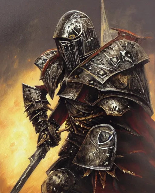 Image similar to an oil painting of heavily armoured warhammer chaos warrior