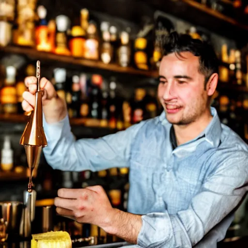 Prompt: A bartender serves a cocktail made from sausages