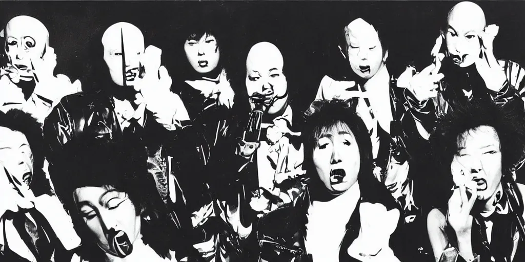 Image similar to coneheads jpop band, 1980s surrealism aesthetic, detailed facial expressions