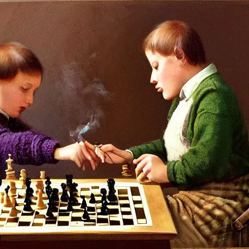 Image similar to rabbits smoking pipes and playing chess. Painting of rabbits in sweaters by James Gurney.