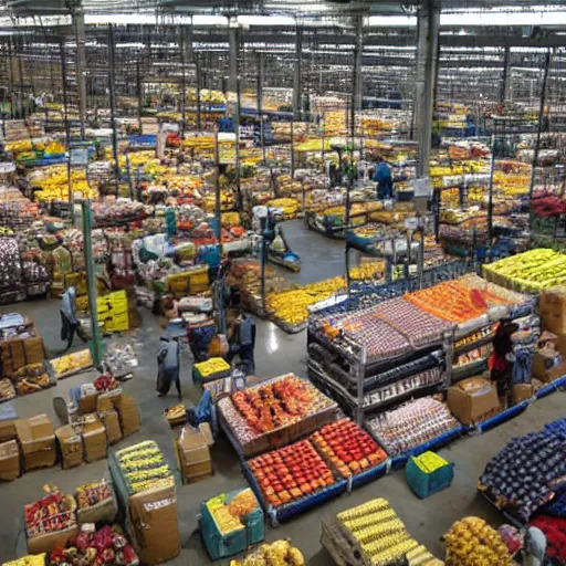 Prompt: amazon warehouse as crowded african produce market, large amazon signage, fruit stands, informal traders, eye level,