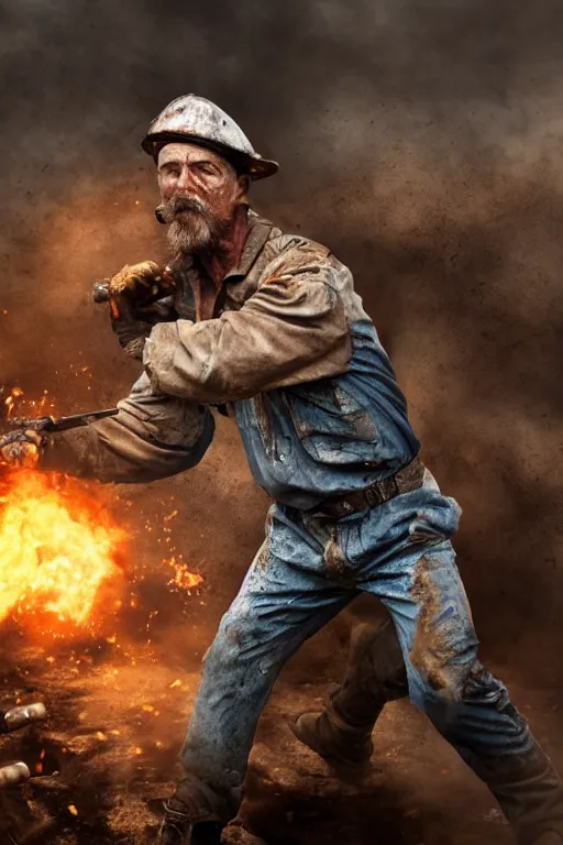 Image similar to realistic photograph of a rugged gas man in the middle of battle, highly detailed, cinematic, portrait, close - up,