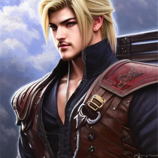 Prompt: Cody Christian as Cloud Strife, western, D&D, fantasy, intricate, elegant, highly detailed, digital painting, artstation, concept art, matte, sharp focus, illustration, art by Artgerm and Greg Rutkowski and Alphonse Mucha