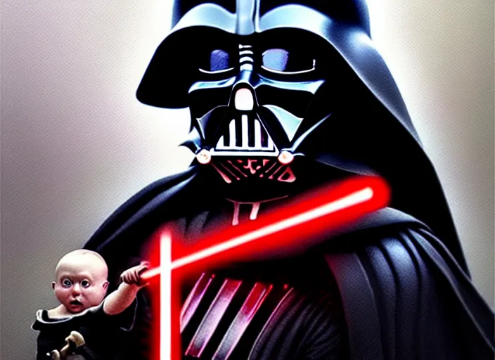 Image similar to hyperrealistic mixed media fine art painting of darth vader with red lightsaber drawn about to battle a cute baby, stunning 3d render inspired art by WLOP and Artgerm and Greg Rutkowski and Alphonse Mucha + perfect facial symmetry + dim volumetric lighting, 8k octane beautifully detailed render, post-processing, extremely hyperdetailed, epic composition, grim yet sparkling atmosphere, cinematic lighting + masterpiece, trending on artstation