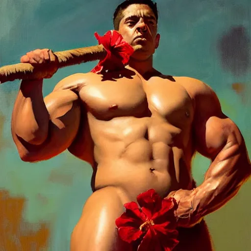 Prompt: greg manchess portrait of himera man and hibiscus as roided thick muscular weightlifter fantasy medium shot, asymmetrical, profile picture, organic painting, sunny day, matte painting, bold shapes, hard edges, street art, trending on artstation, by huang guangjian and gil elvgren and sachin teng