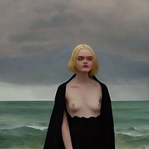 Image similar to Elle Fanning in a black robe holding a skull on the beach, head and shoulders portrait, stormy weather, extremely detailed masterpiece, Roger Deakin’s cinematography, oil on canvas, Edward Hopper,