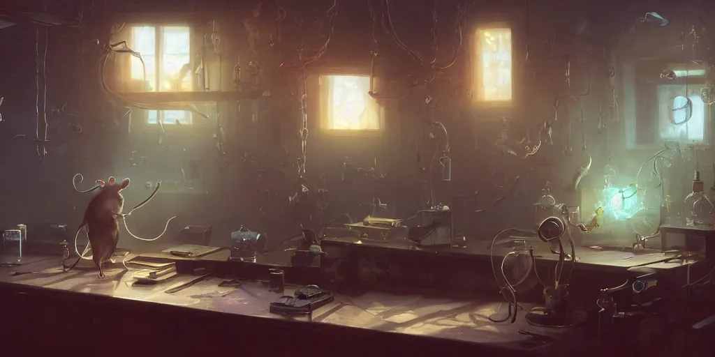 Image similar to rat sitting on a desk in a laboratory with lots of flasks filled with magic liquids and poisonous fog, stephen bliss, unreal engine, fantasy art by greg rutkowski, loish, rhads, ferdinand knab, ilya kuvshinov, rossdraws, tom bagshaw, global illumination, radiant soft light, detailed and intricate environment