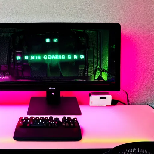 Prompt: gaming computer setup with neon lights behind the monitor, RGB keyboard, red and black gaming chair, wall-mounted speakers, in a bedroom, highly detailed, high quality, HD, 4k, 8k, Canon 300mm, professional photographer, 40mp, lifelike, top-rated, award winning, realistic, sharp, no blur, edited, corrected, trending