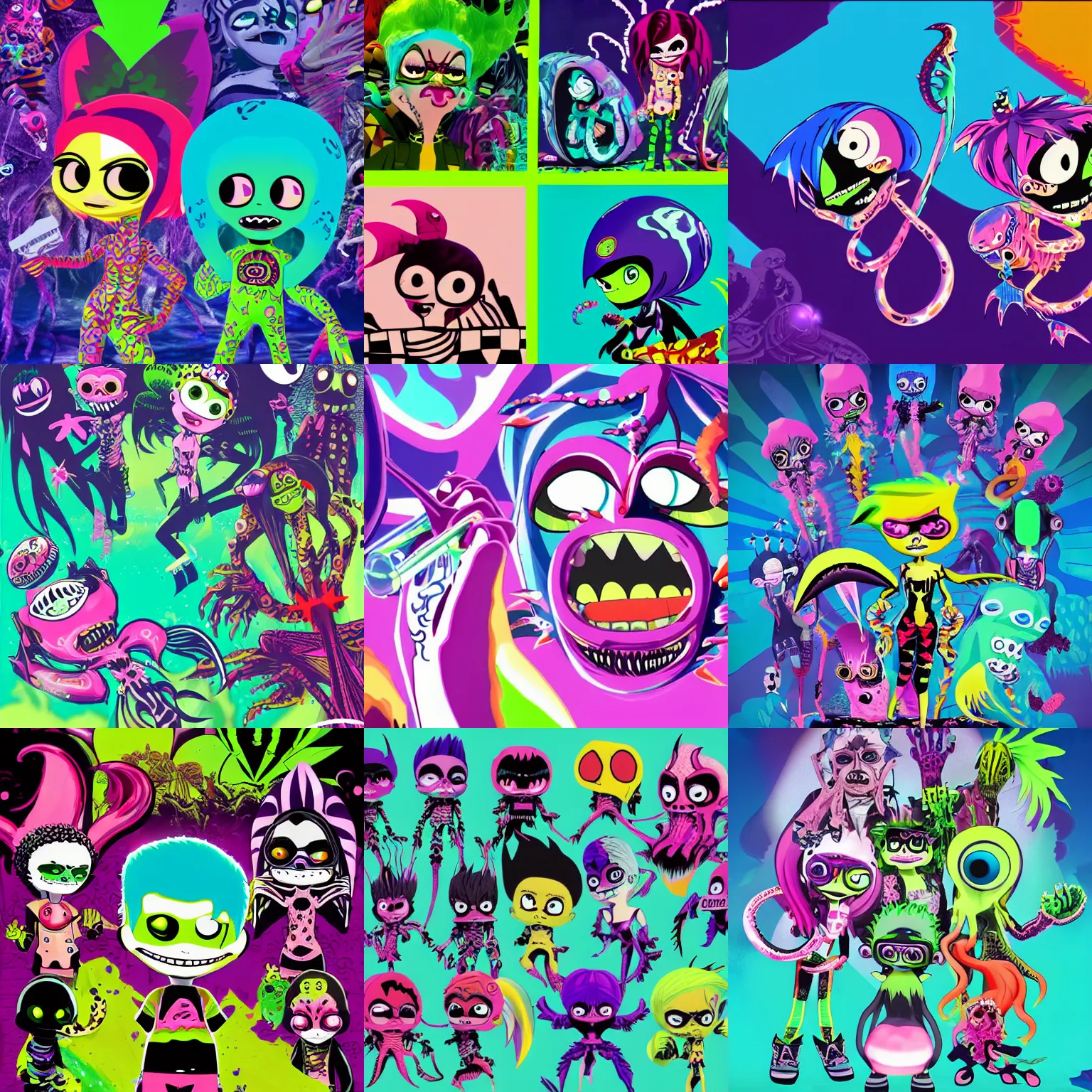Prompt: CGI lisa frank gothic punk vampiric electrifying underwater vampiric squid character designs of various shapes and sizes by genndy tartakovsky and the creators of fret nice being overseen by Jamie Hewlett from gorillaz for a splatoon game by nintendo
