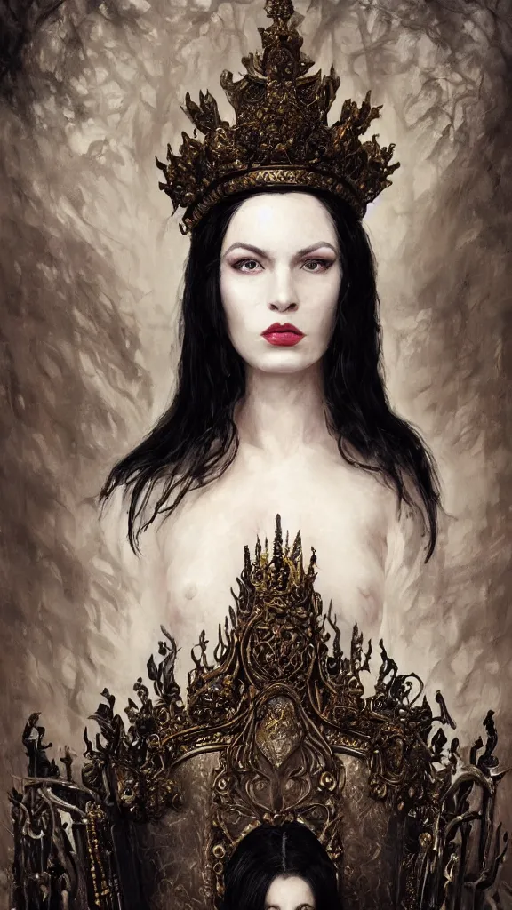 Image similar to a beautiful black haired woman with pale skin and a crown on her head sitted on an intricate metal throne, intimidating woman, large black eyes, high forehead, smooth pale skin, ethereal skin, ominous, eldritch. oil painting by nuri iyem, james gurney, james jean, greg rutkowski, highly detailed, soft lighting, chiaroscuro