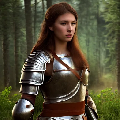 Prompt: real life photo of medieval warrior princess in armor, full body photoshoot, long brown hair, brown eyes, full round face, short smile, showing belly and chest, forest setting, cinematic lightning, medium shot, mid - shot, highly detailed, trending on artstation, unreal engine 4 k, 8 0 mm, 8 5 mm, cinematic wallpaper