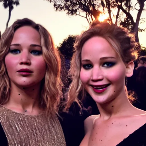 Image similar to Selfie photograph of Jennifer Lawrence and Jennifer Lawrence, golden hour, 8k,